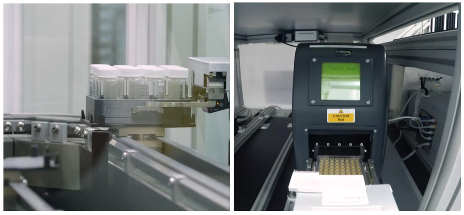 Example of dozens of samples being moved around a cloud lab by robot arms.